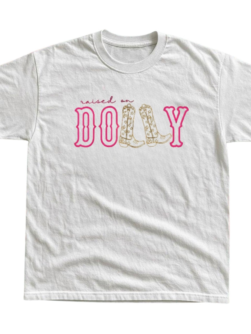 Gildan White Tee with Pink 'DOllY' Lettering and Gold Cowboy Boot Graphic